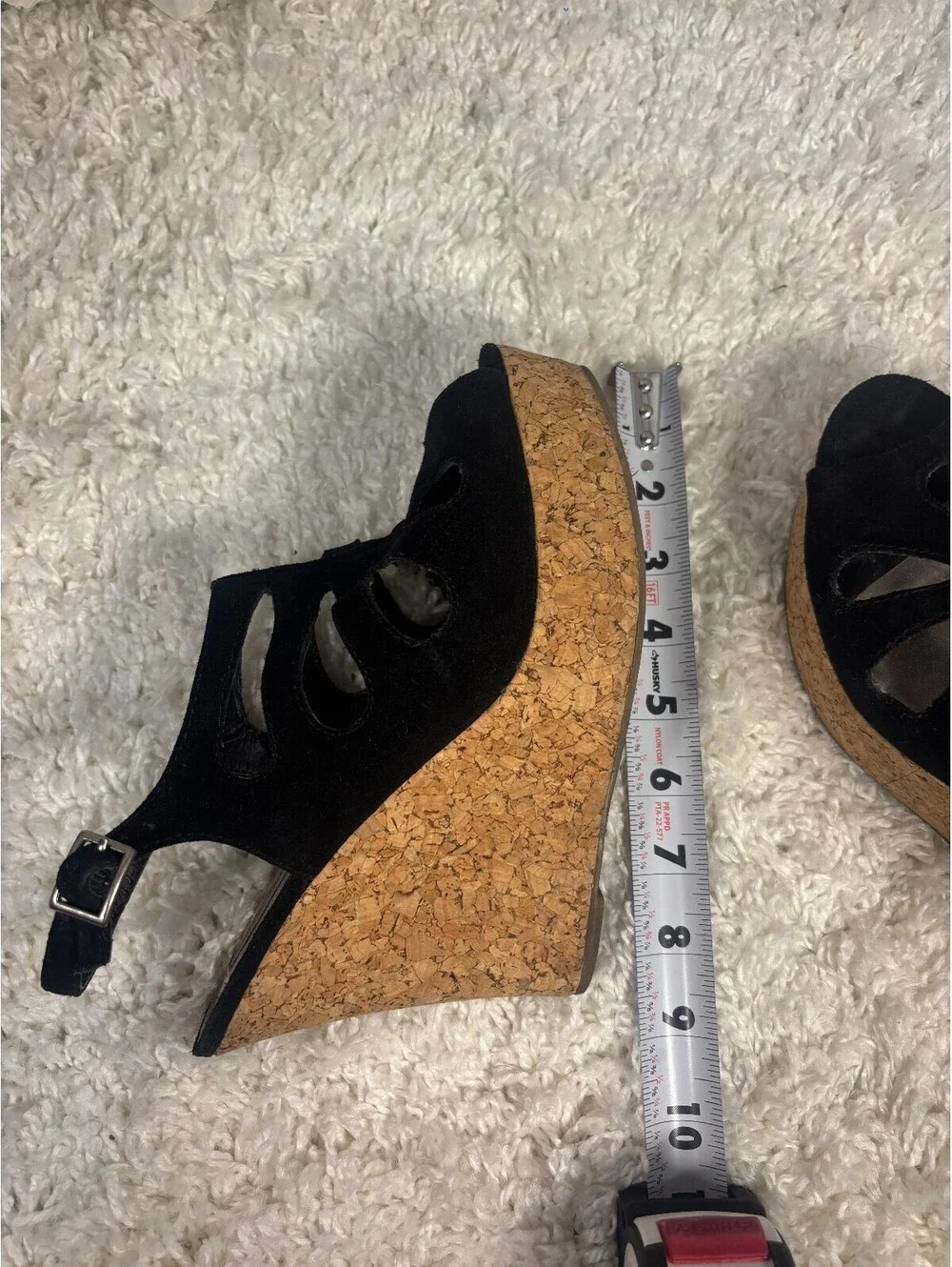 Steve Madden Black Suede Cork Wedge Platform Sandals Peep Toe Slingback